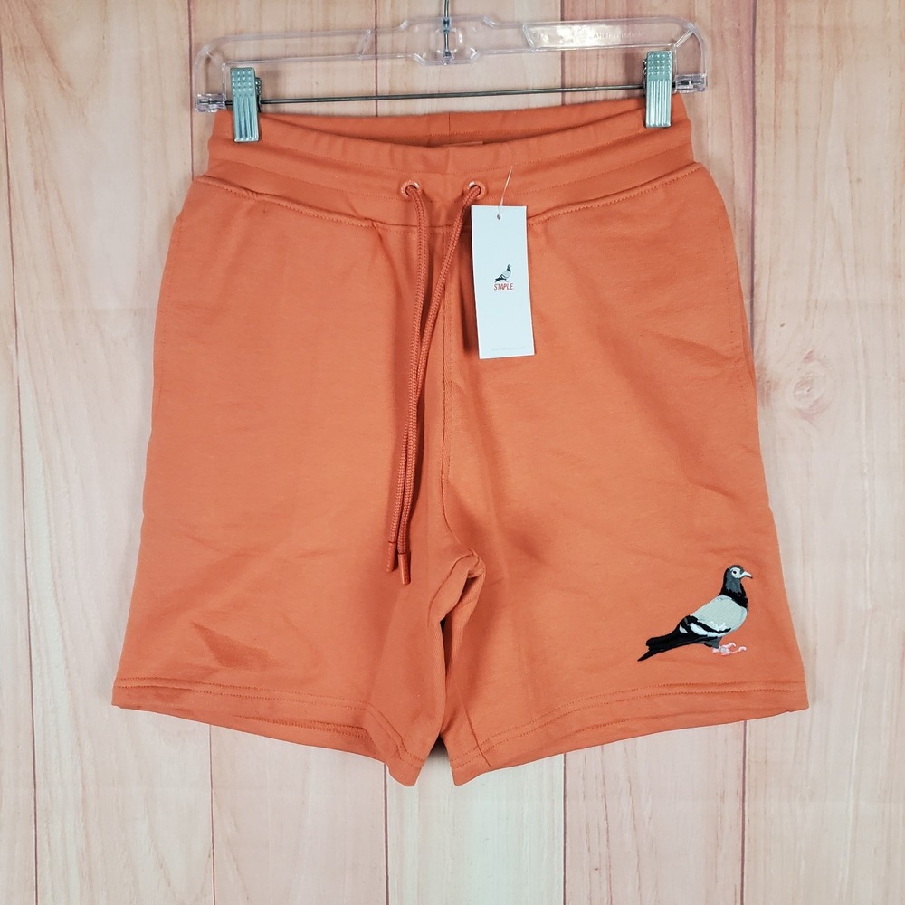 Staple Pigeon Sweat Shorts Mens XS Orange Cotton Embroidered Logo Drawstring